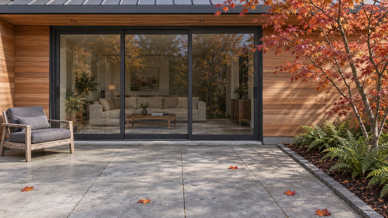 Autumn vine maple and sword ferns beside a gray stone-edged terrace, weathered teak chair and cedar-clad home with closed glass doors.