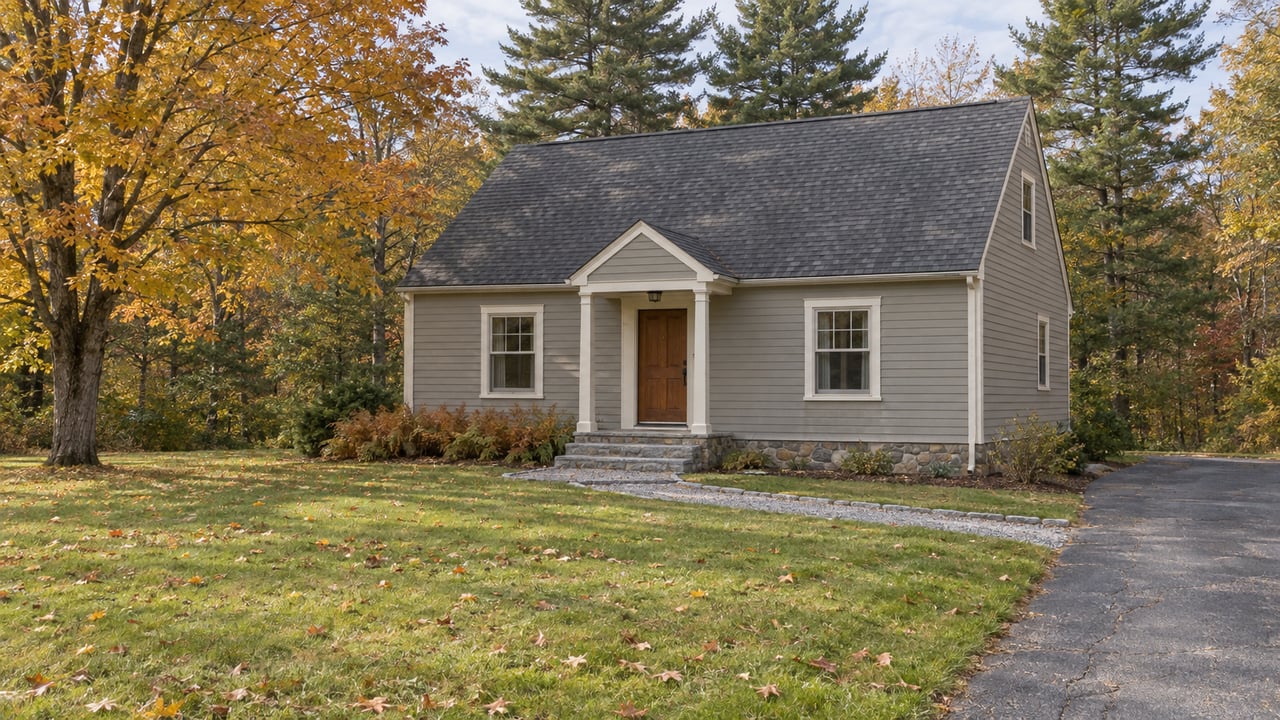 A gray clapboard home with a steep roof, granite entry steps and a broad autumn lawn framed by a sugar maple and eastern white pines.