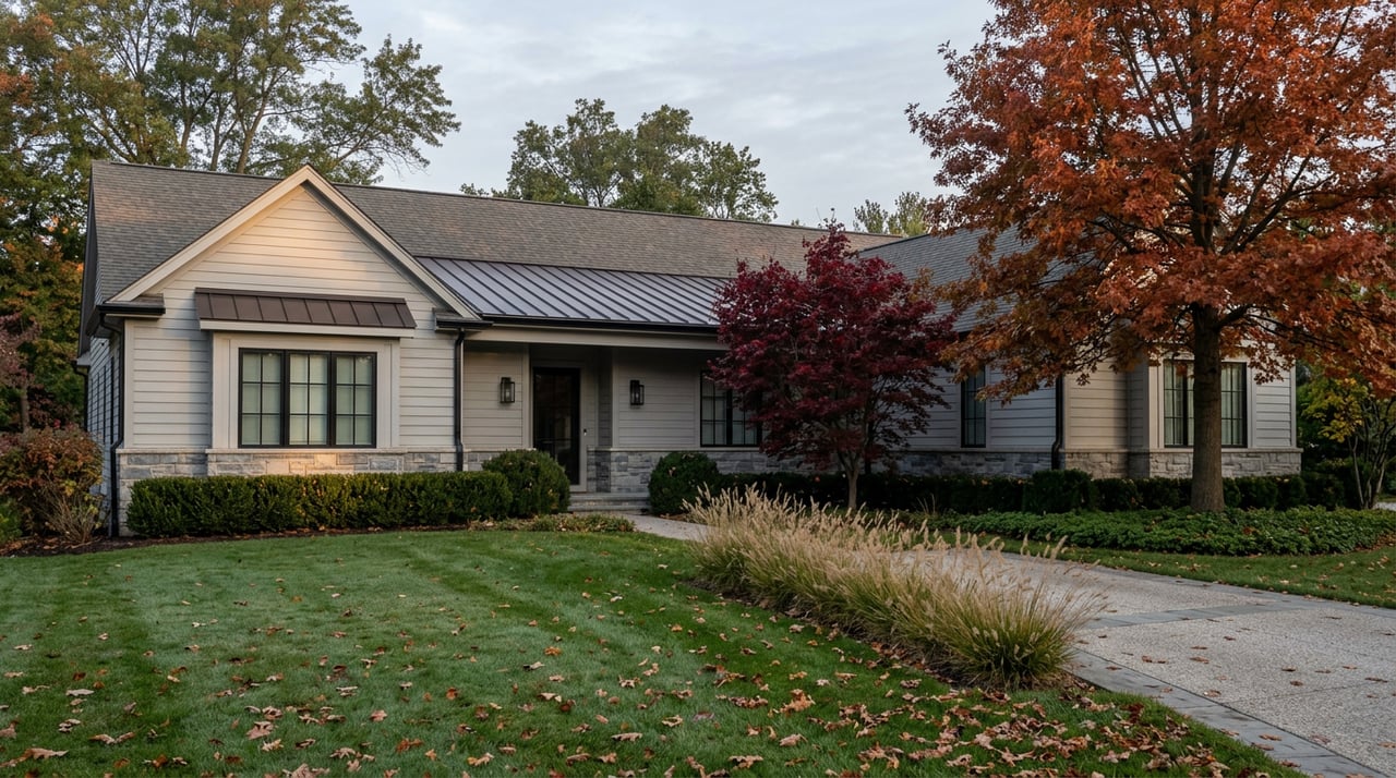 Gray-sided home with black grid windows, bluestone base, and red and orange autumn trees.