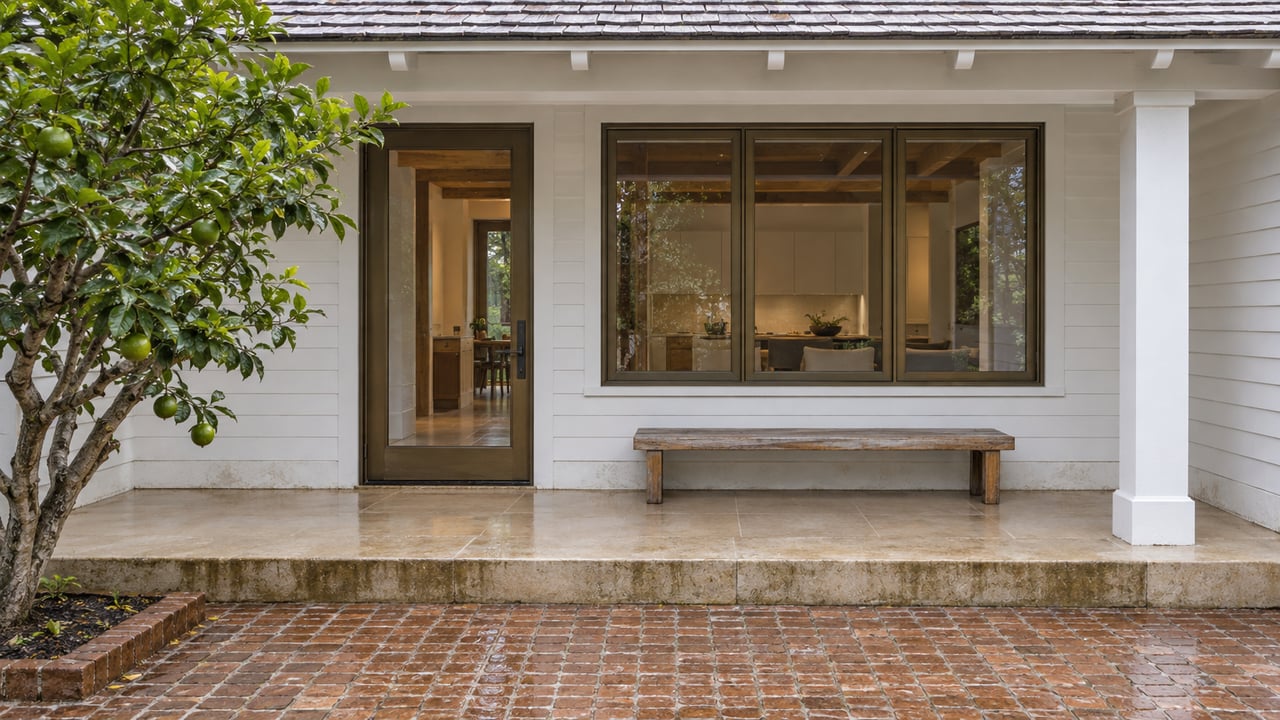 White timber home with a shingled porch, bronze-framed glazing, teak bench and a lime tree beside a damp brick courtyard.