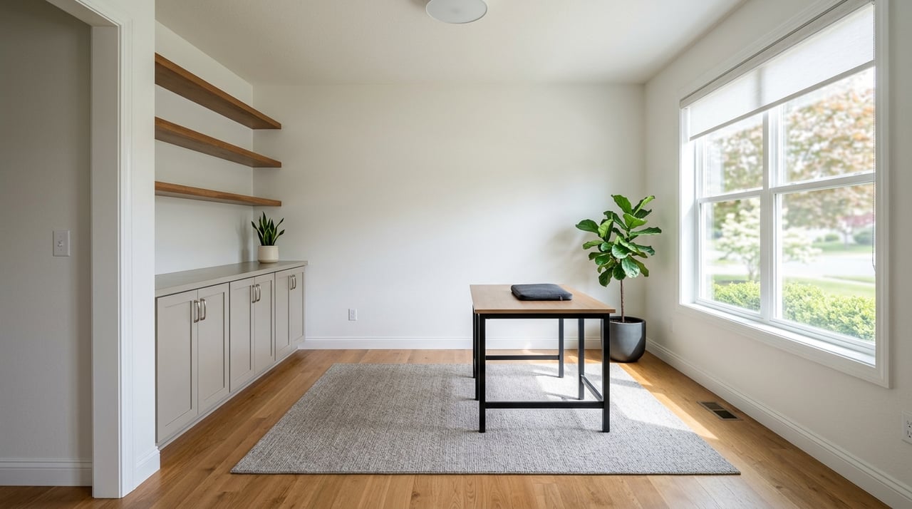 Home office with built-in desk beside a picture window overlooking leafy greenery.