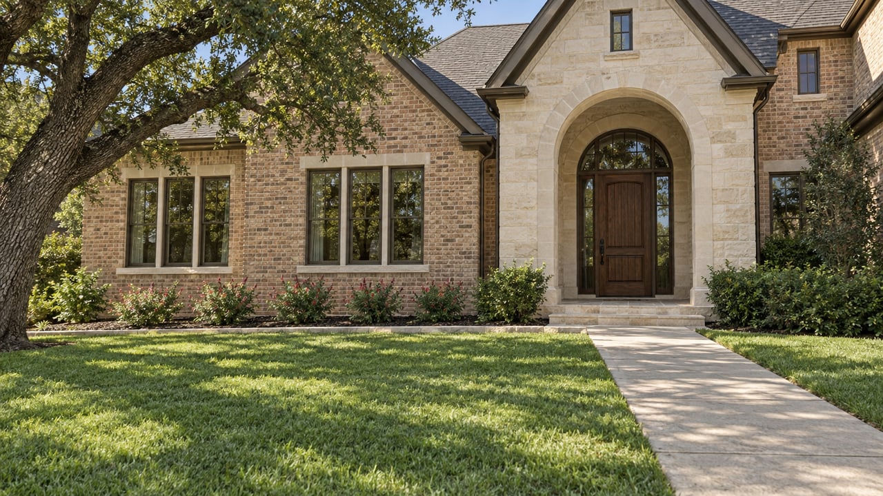 Warm brick and cream limestone home with an arched entry, broad lawn and a mature live oak in afternoon light.