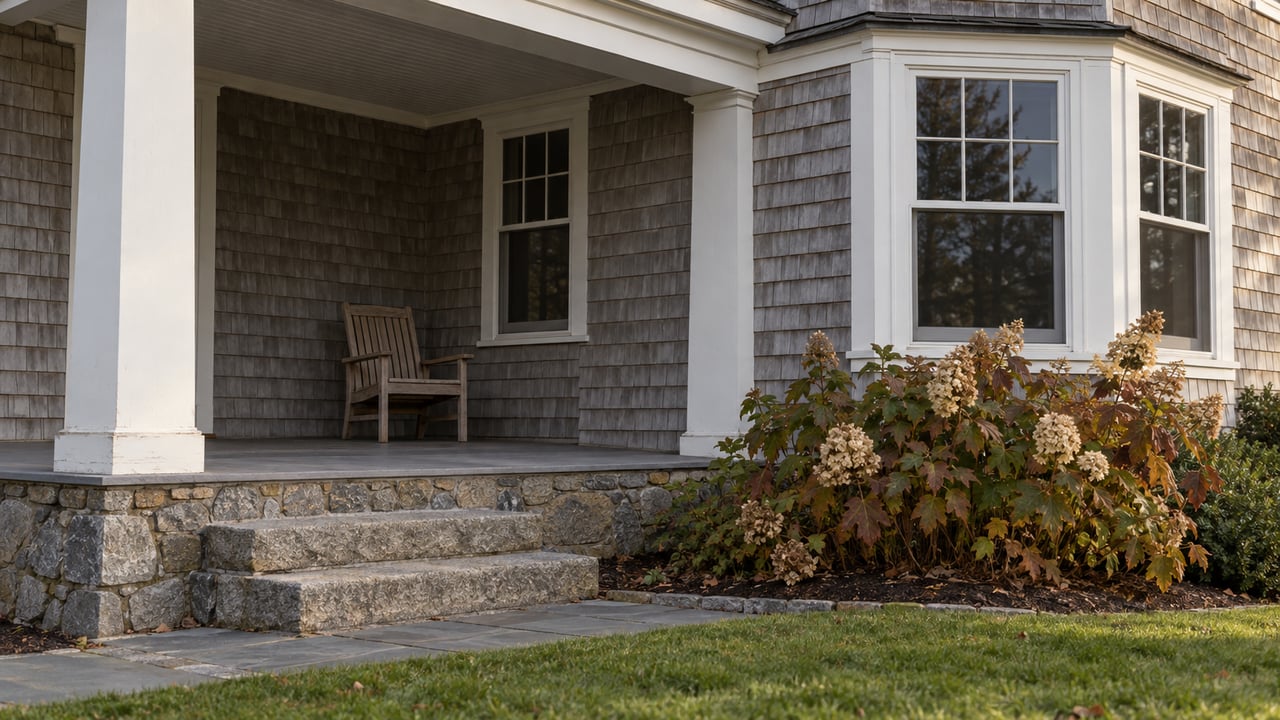 Weathered gray cedar shingles, white-trimmed windows and a deep porch above granite steps, with autumn oakleaf hydrangea beside the house.