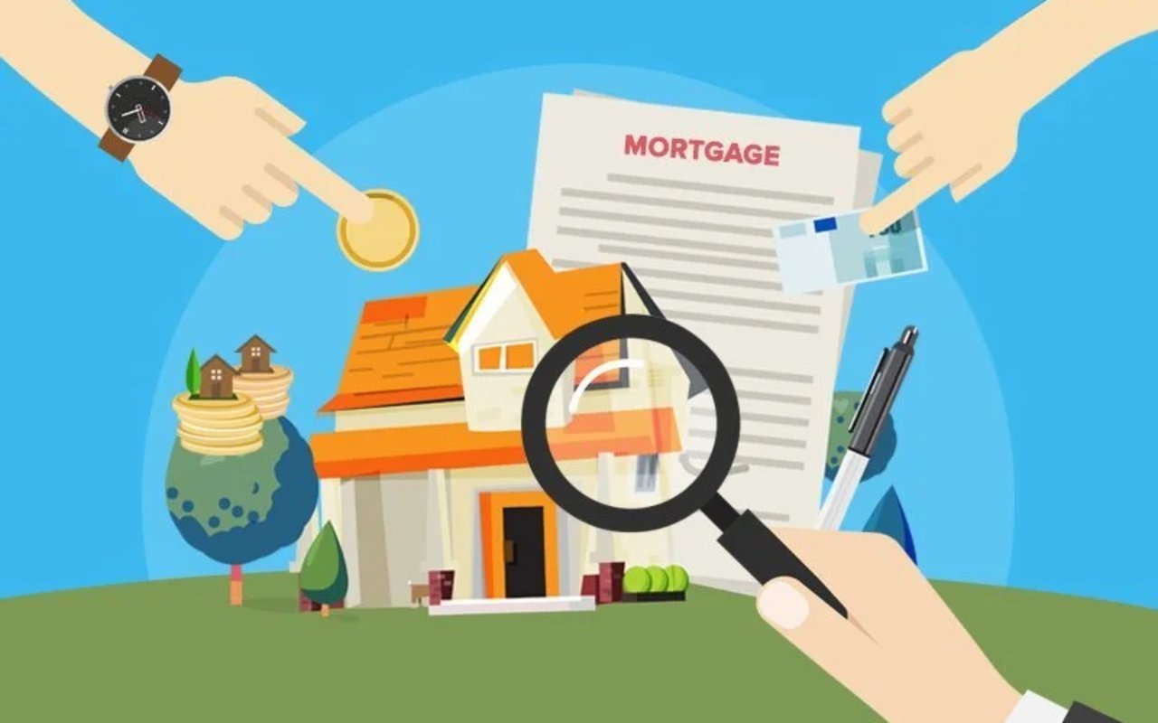 Illustration of a house and mortgage document examined through a magnifying glass.