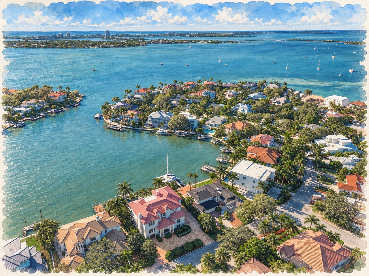 Aerial view of Harbor Acres homes and docks along a boat-filled bay.