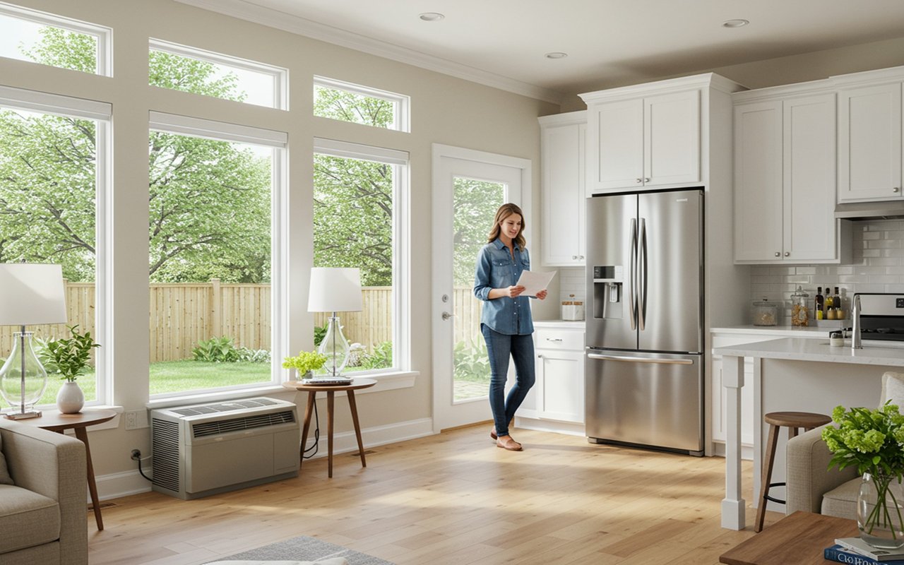 Bright kitchen with white cabinets and a stainless-steel refrigerator; a woman reviews a document nearby.