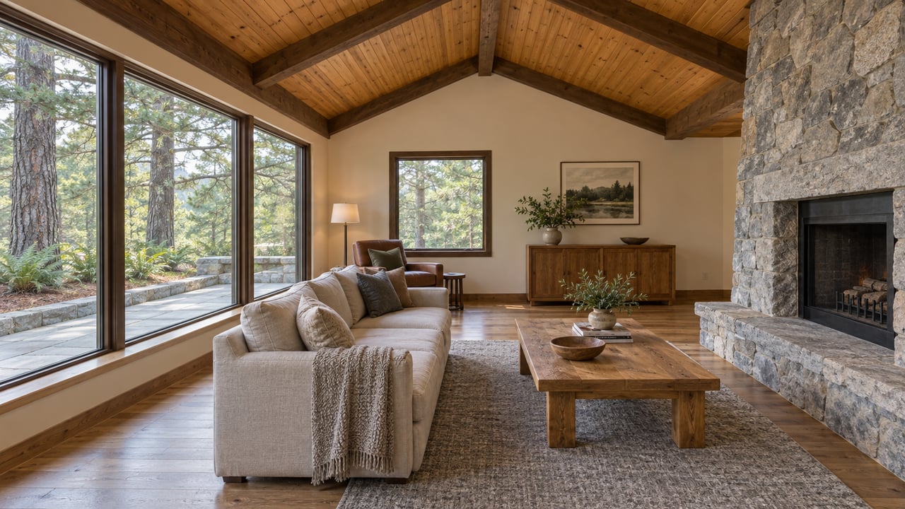 Bright gathering room with a vaulted cedar ceiling, granite fireplace, oak flooring and closed windows overlooking a stone terrace and white pines.