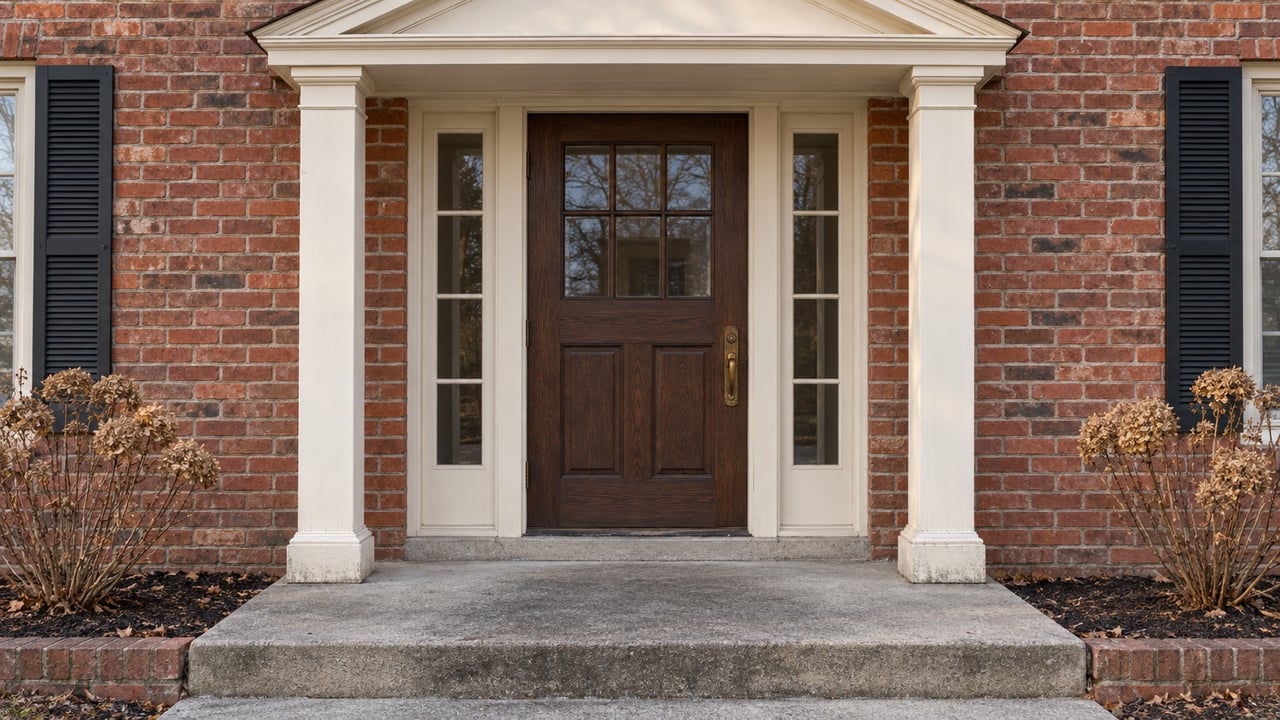 Close view of a red-brick home's cream portico, oak front door, paired glazed sidelights and weathered concrete stoop with dormant hydrangeas.