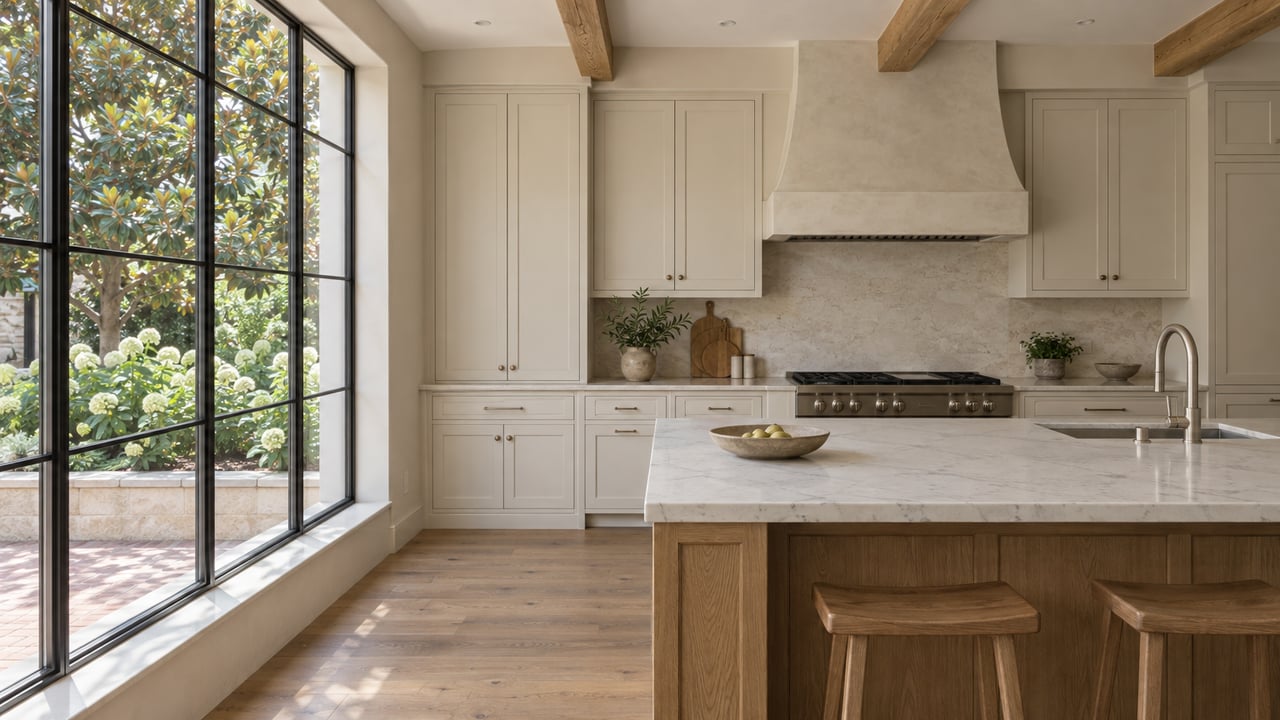 Sunlit kitchen with an oak island, honed quartz counters, ivory cabinetry and black-framed windows overlooking magnolia foliage.