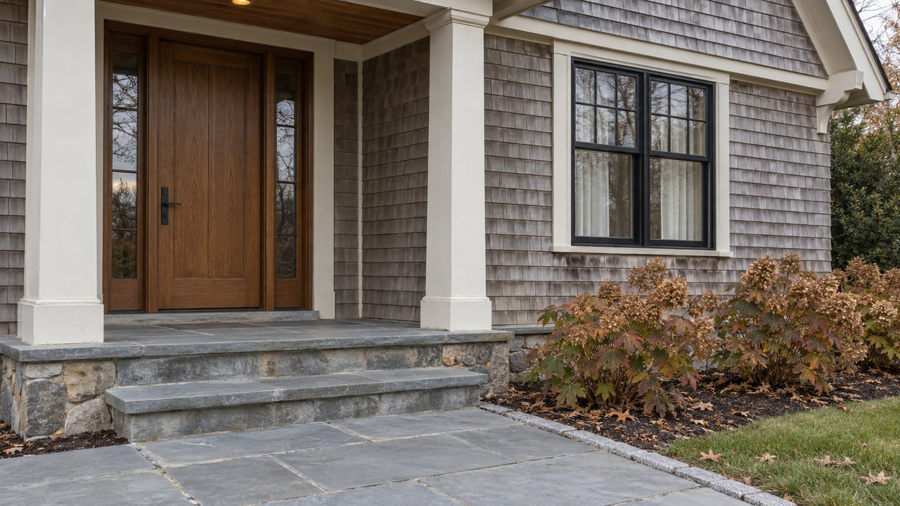 Weathered cedar-shingle entrance with an oak door, bluestone steps and russet oakleaf hydrangeas in soft autumn light.
