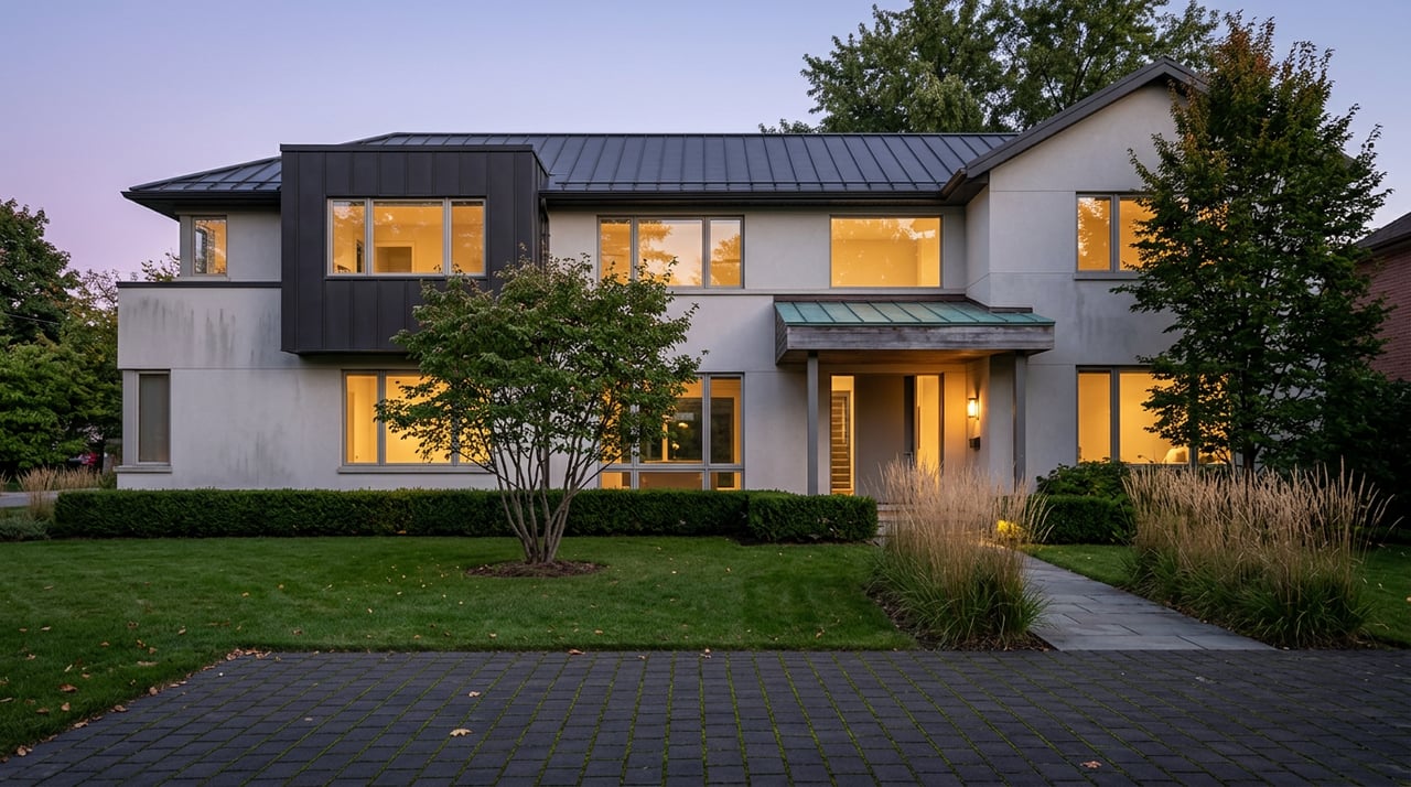 Two-story stucco home with dark metal cladding, warm glowing windows, and a curved stone walkway at dusk.