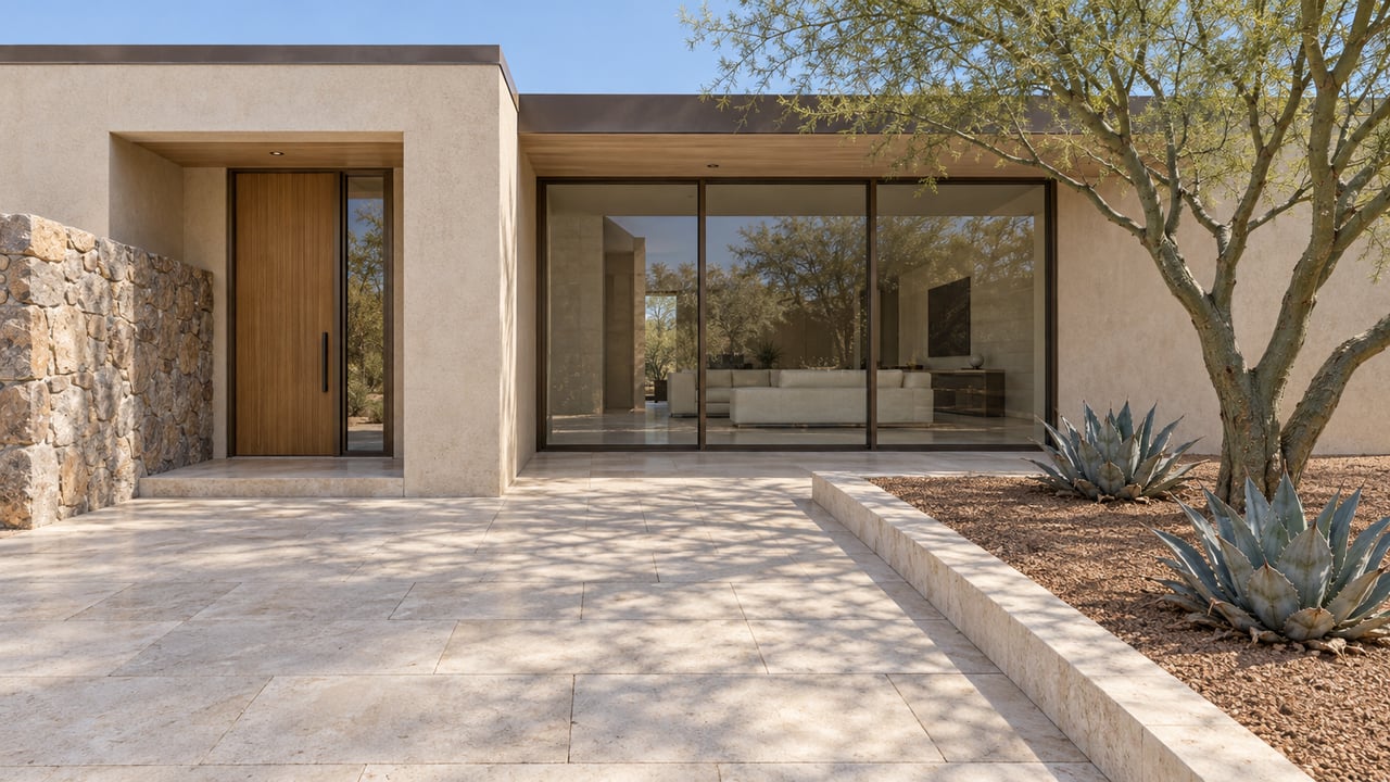 Contemporary desert home with a limestone arrival terrace, bronze-framed glazing, granite entry wall, palo verde tree and two blue-gray agaves.
