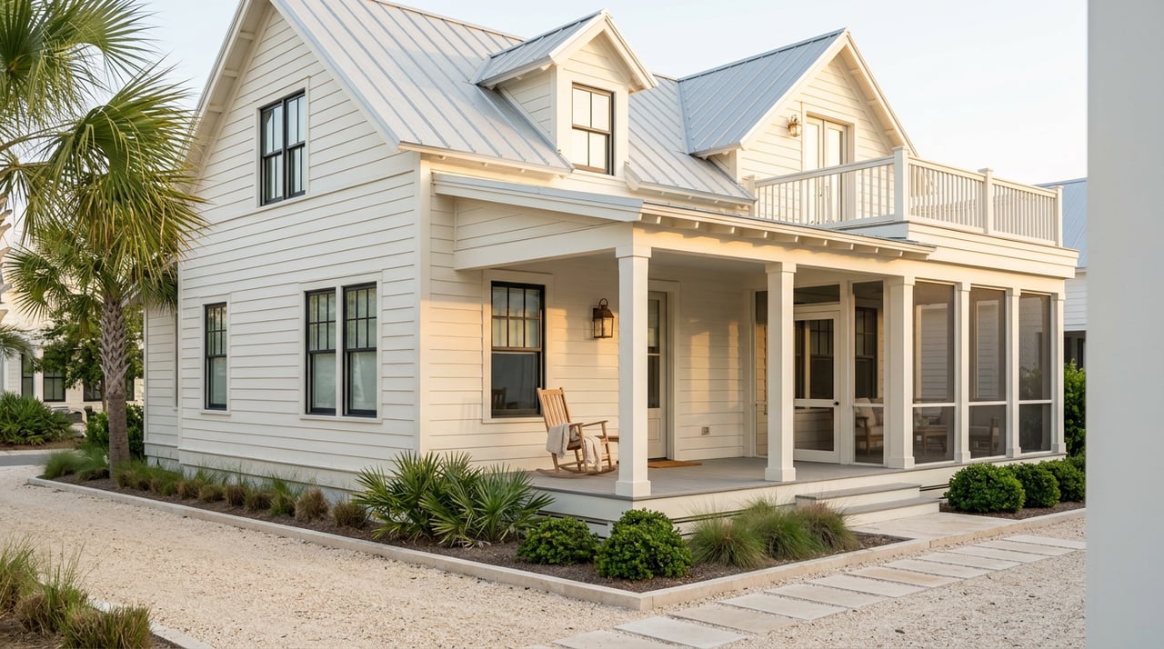 Warm-white coastal cottage with a silver metal roof, deep porch, palmetto, and limestone stepping stones along a shell path.