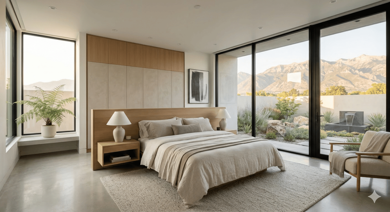 Modern master bedroom with large windows