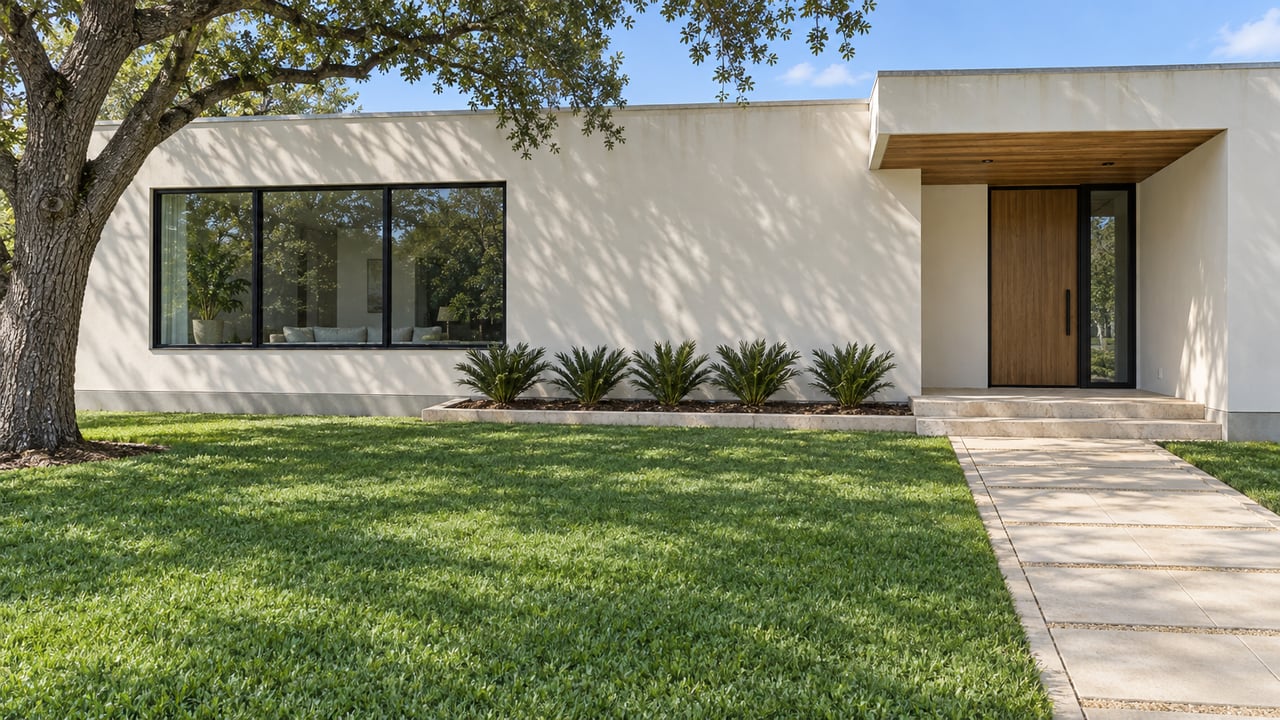 White stucco home with black-framed windows, a recessed wood entry, and a broad green lawn beneath a mature oak.