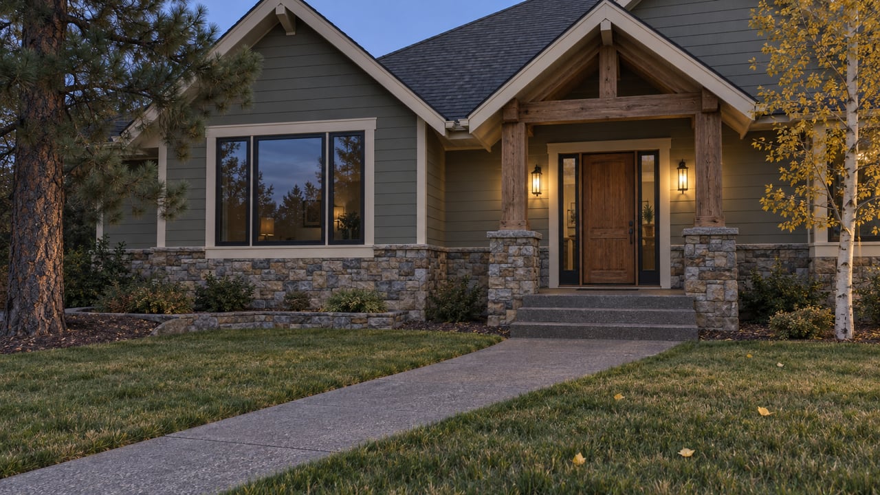 Craftsman home at twilight with gray-green siding, stone porch bases, warm entry lights and a concrete walk across an established lawn.