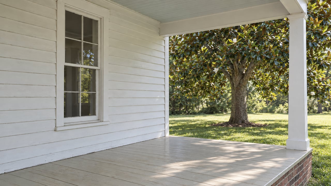 White clapboard house with a closed double-hung window beside a porch opening onto a lawn and magnolia tree.
