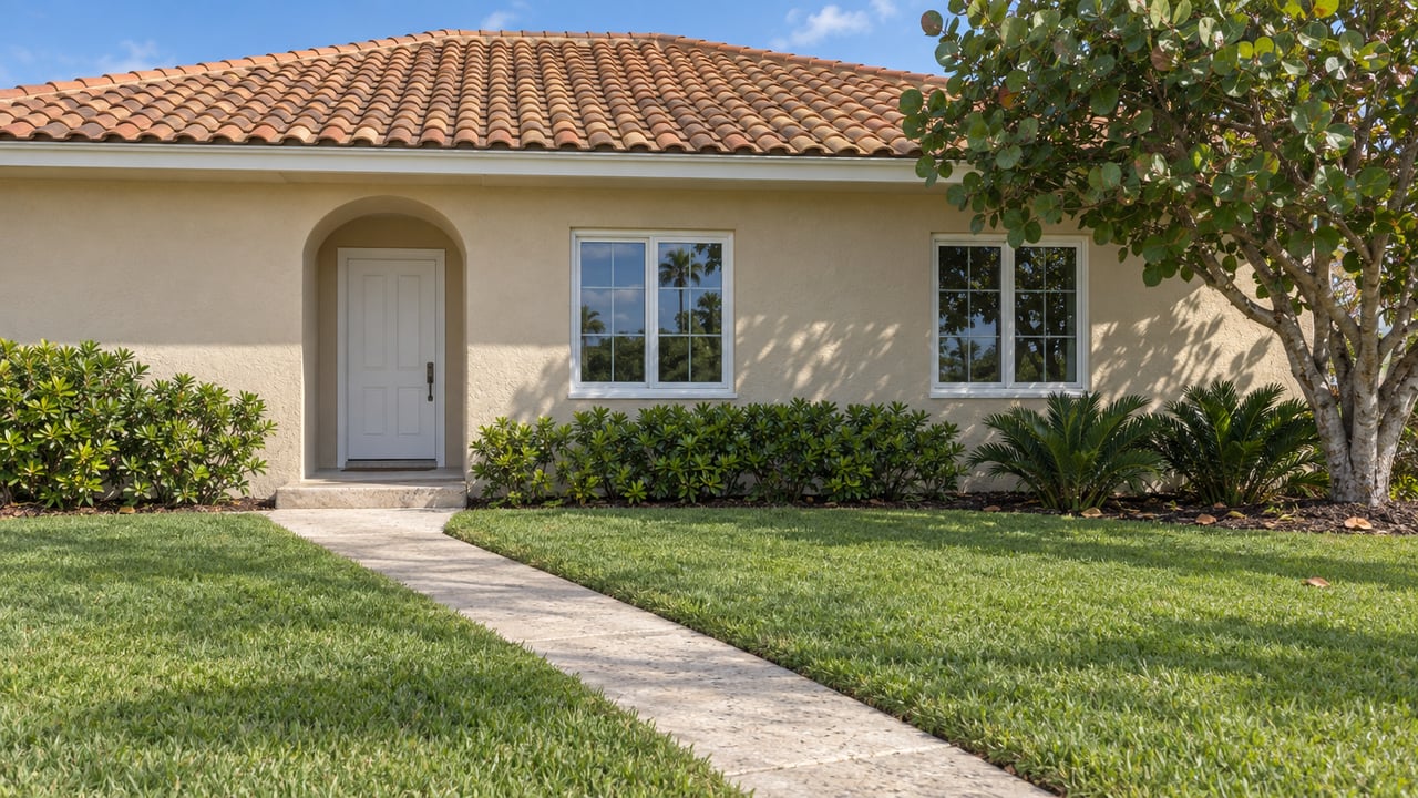 Sand-stucco house with a terracotta-tile roof, arched entry, two windows, and a concrete path across the lawn.