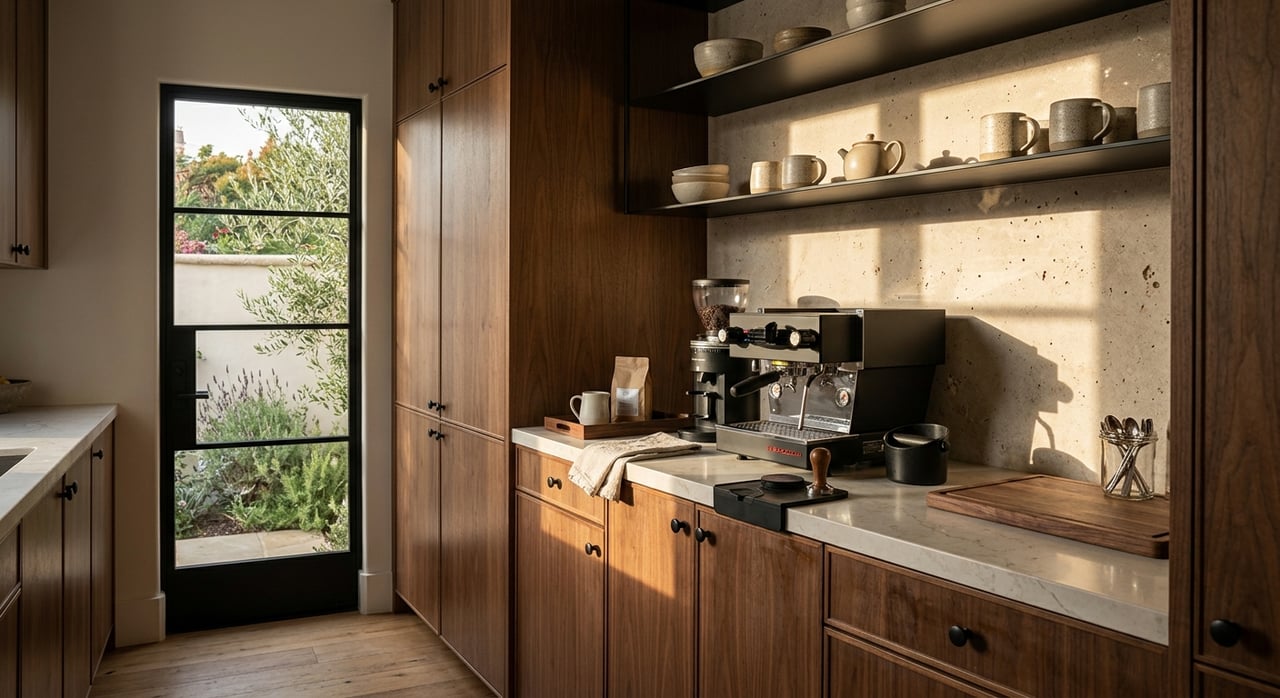 Walnut coffee station with limestone backsplash, black spout, mugs, glass carafe, and patio plants beyond the window.
