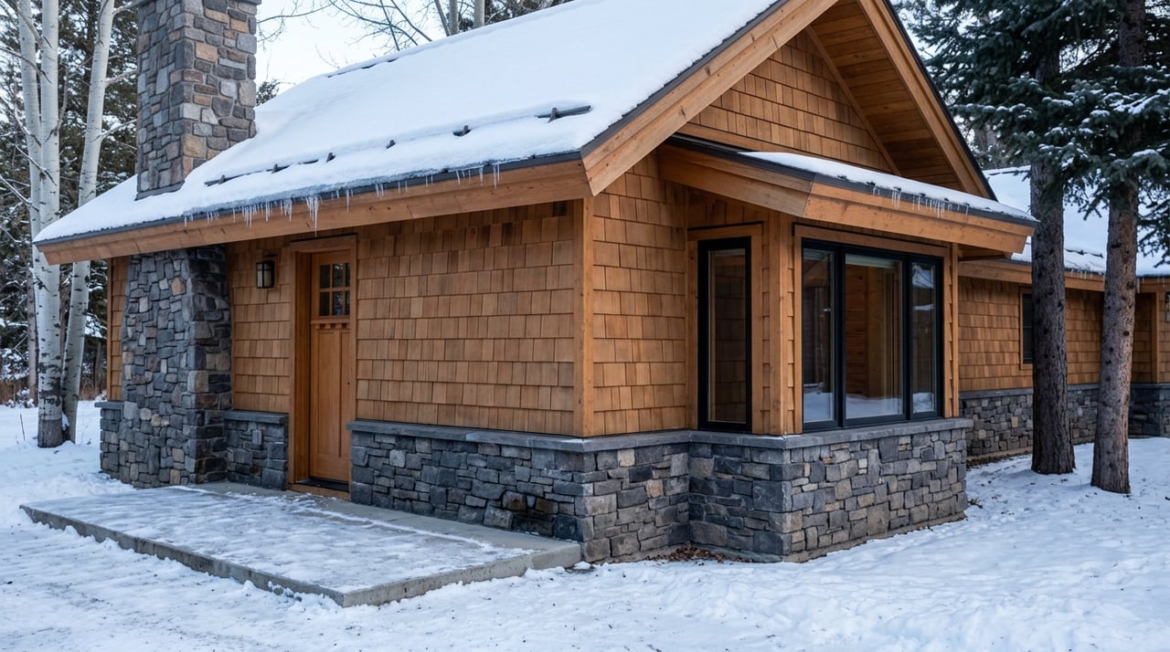Winter cabin corner with a standing-seam roof, snow guards, cedar shingles, stacked-stone base, and black windows.