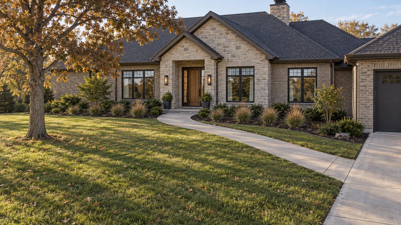 Autumn sunlight across a spacious lawn and limestone-and-brick home with dark gabled roofs and a mature oak.