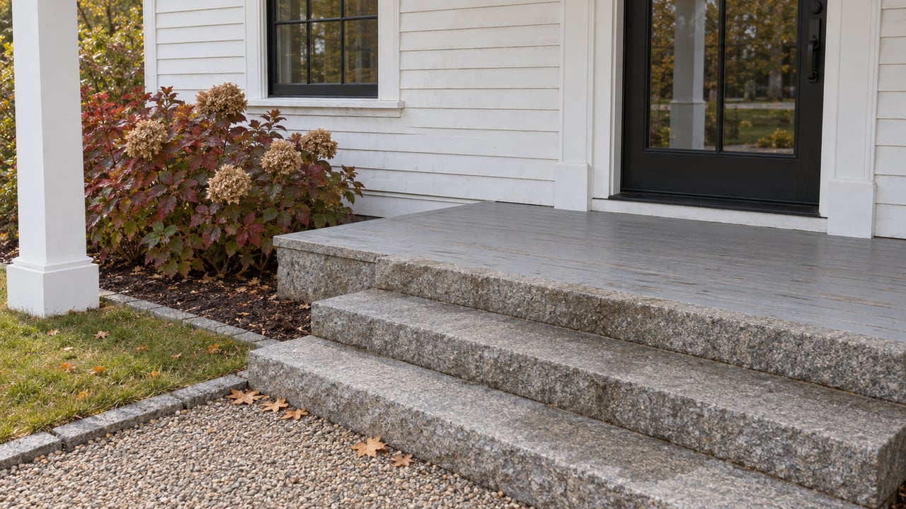 White clapboard entry with a black glazed door, weathered painted porch and broad granite steps beside autumn oakleaf hydrangea.