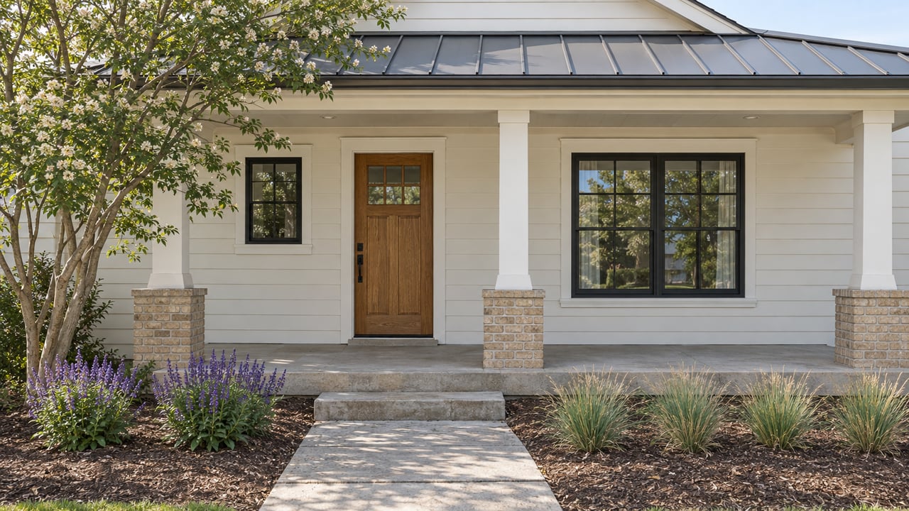 Off-white single-story home with a covered porch, oak door, divided-light windows, and a short concrete walkway.