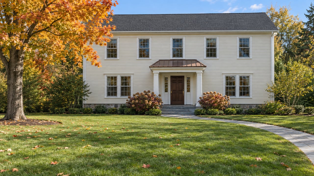 Updated ivory clapboard colonial with a deep front lawn, bluestone entry path and a mature maple turning orange.