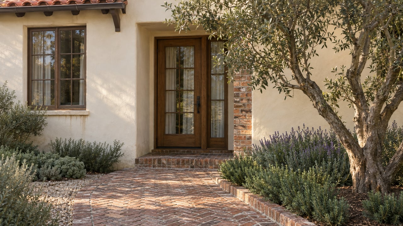 Oak-and-glass entry in a cream stucco facade, beside an olive tree and lavender-lined brick path.