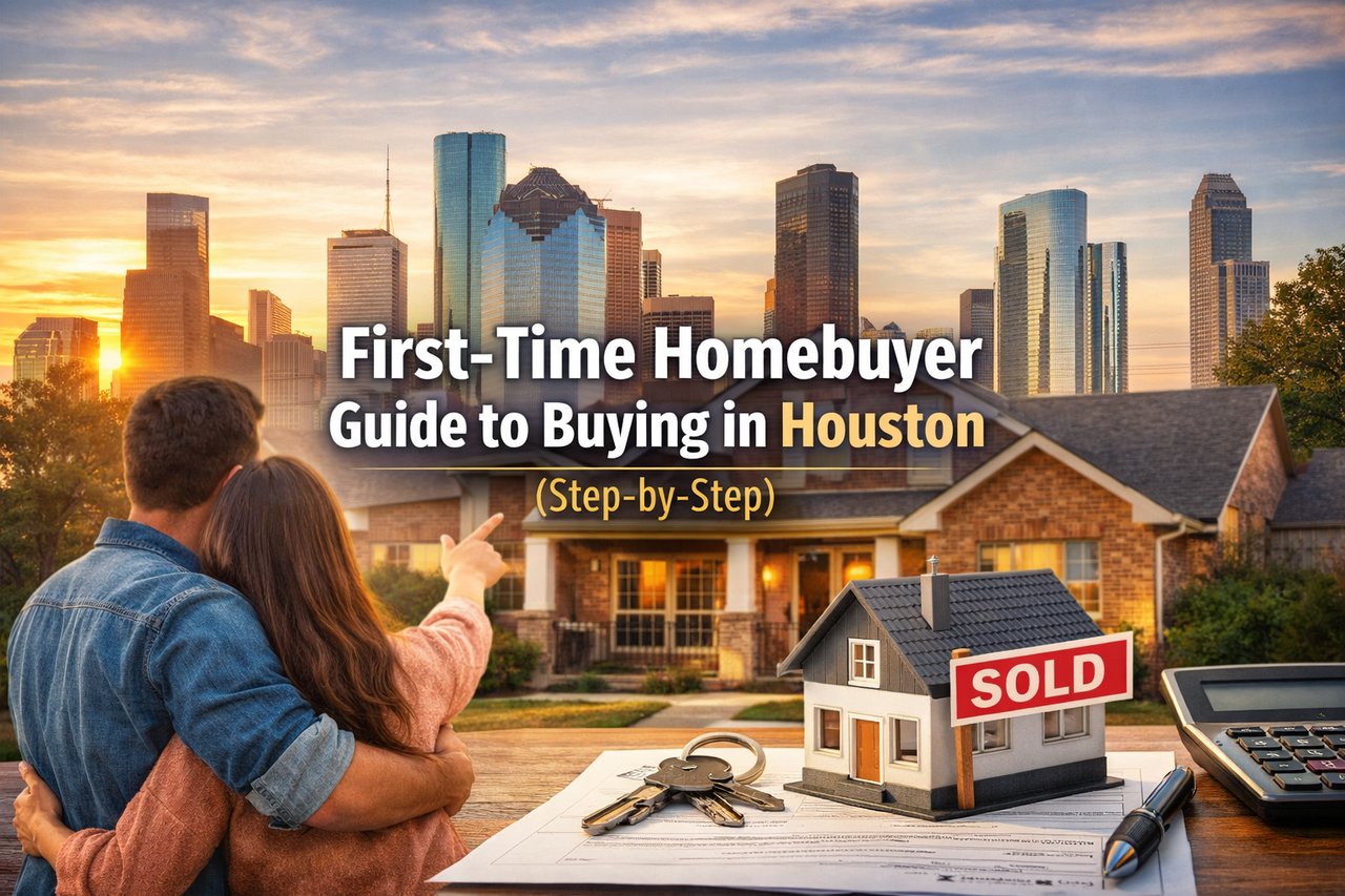 Houston skyline at sunset behind brick home; couple viewing house model with keys and “SOLD” sign; text reads “First-Time Homebuyer Guide to Buying in Houston (Step-by-Step)”