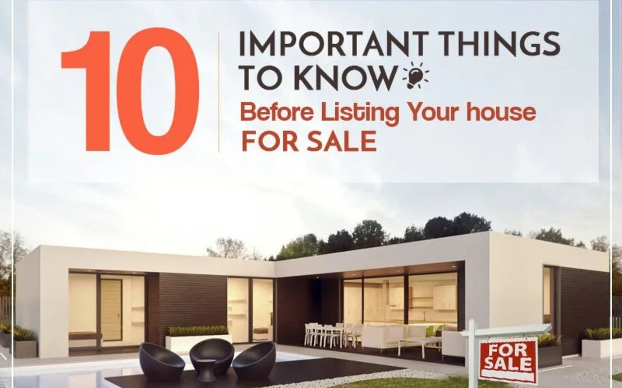 10 important things to know before listing your house for sale, over a modern home with a for-sale sign.