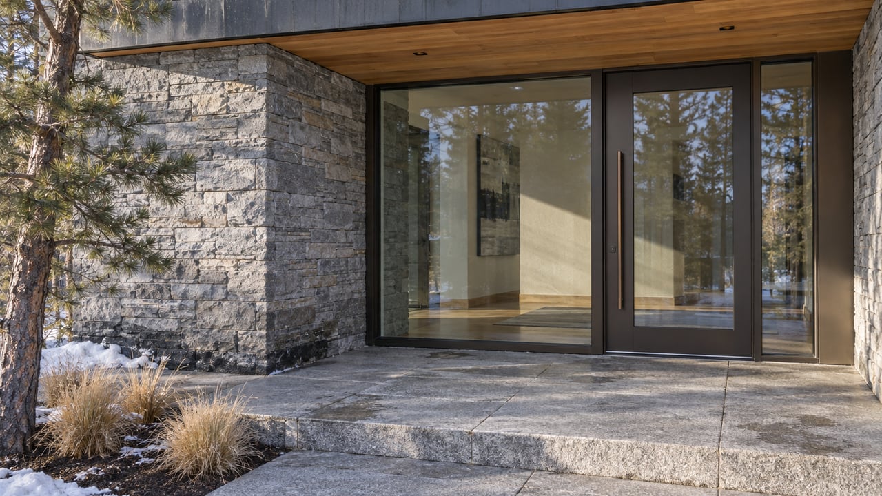 Sheltered contemporary home entrance with bronze-framed glass, gray stone, cedar soffit and a trace of snow beside dormant planting.
