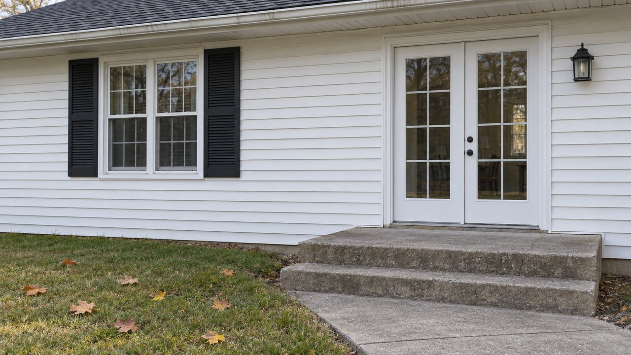 Low view of a modest white-sided house with closed glass entry doors, black window shutters and a worn concrete stoop beside autumn lawn.