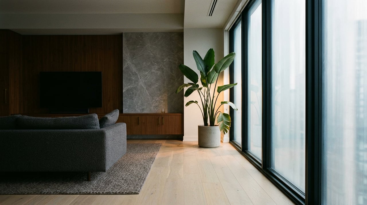 Condo great room with charcoal sofa, walnut console, marble wall, and broad-leaf plant beside a glass wall.