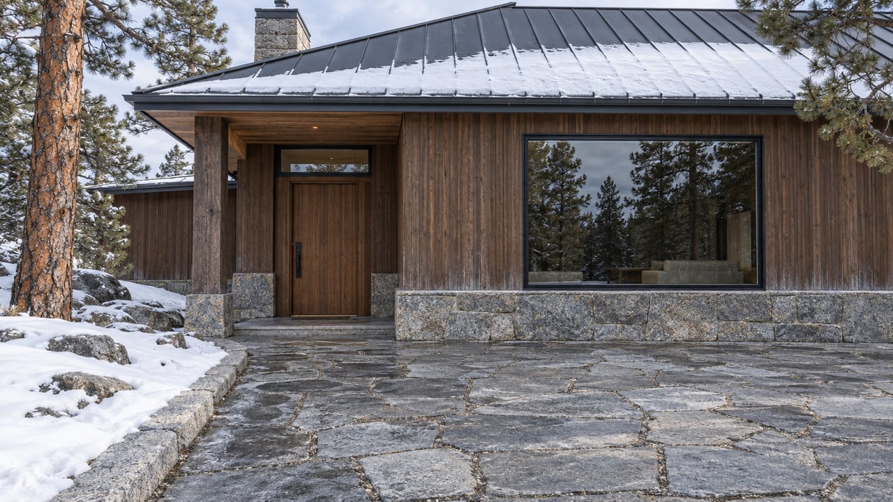 Snow edges a cleared granite approach to a cedar-and-stone home with dark glazing and a pitched metal roof between two ponderosa pines.