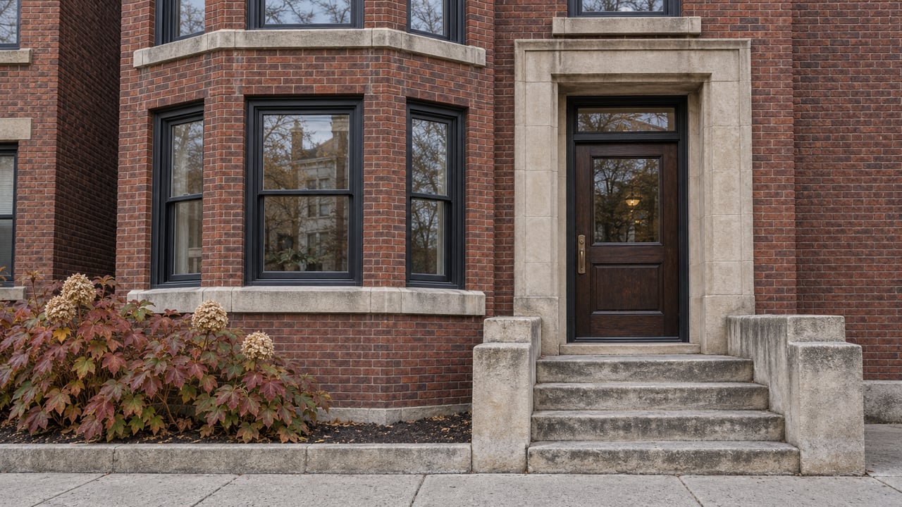 Red-brick residential bay windows beside a recessed oak entrance and worn limestone stoop in soft daylight.