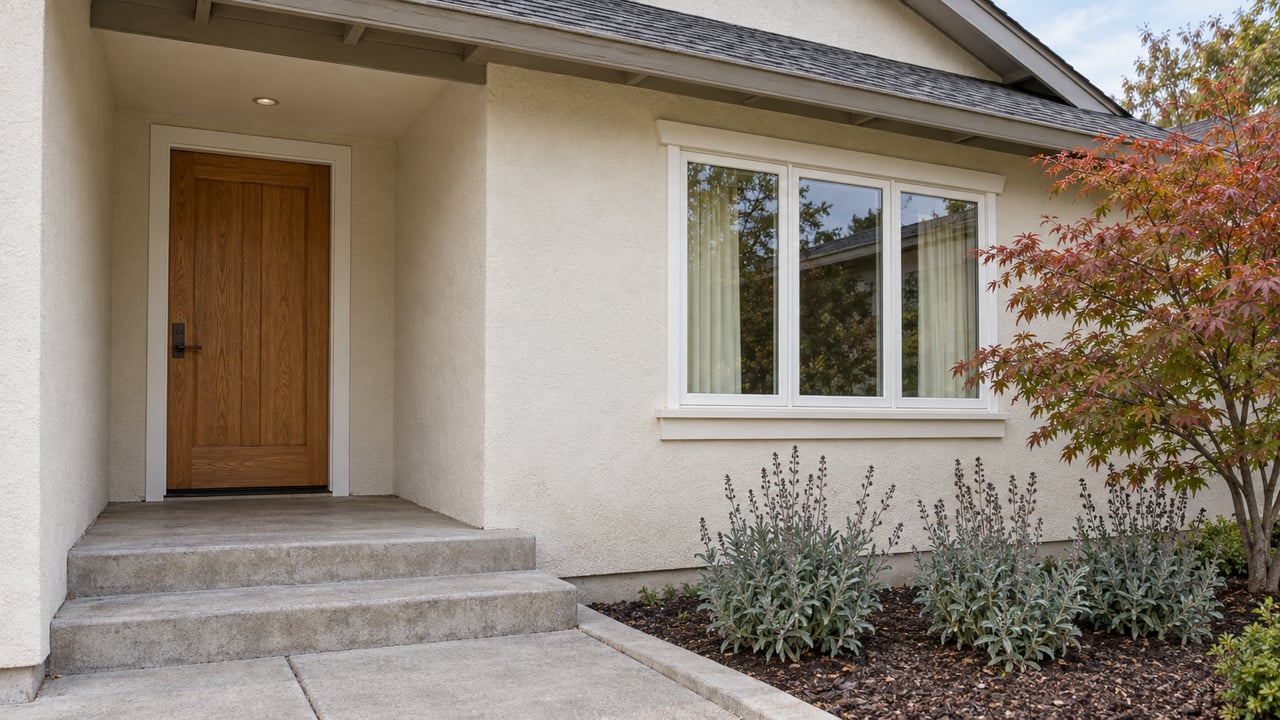 Close view of a stucco home's oak front door, white-trimmed window, concrete steps, and autumn Japanese maple.