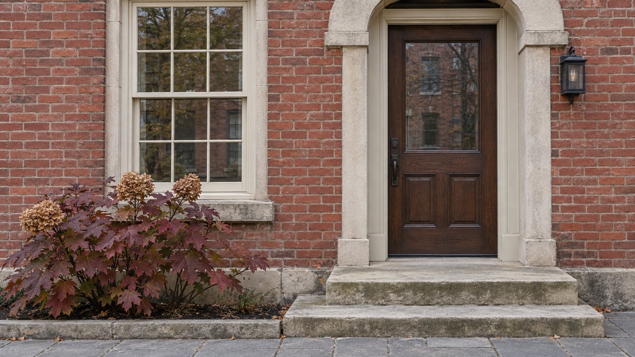 Red brick building entrance with a dark wooden door, stone steps, and autumn foliage.