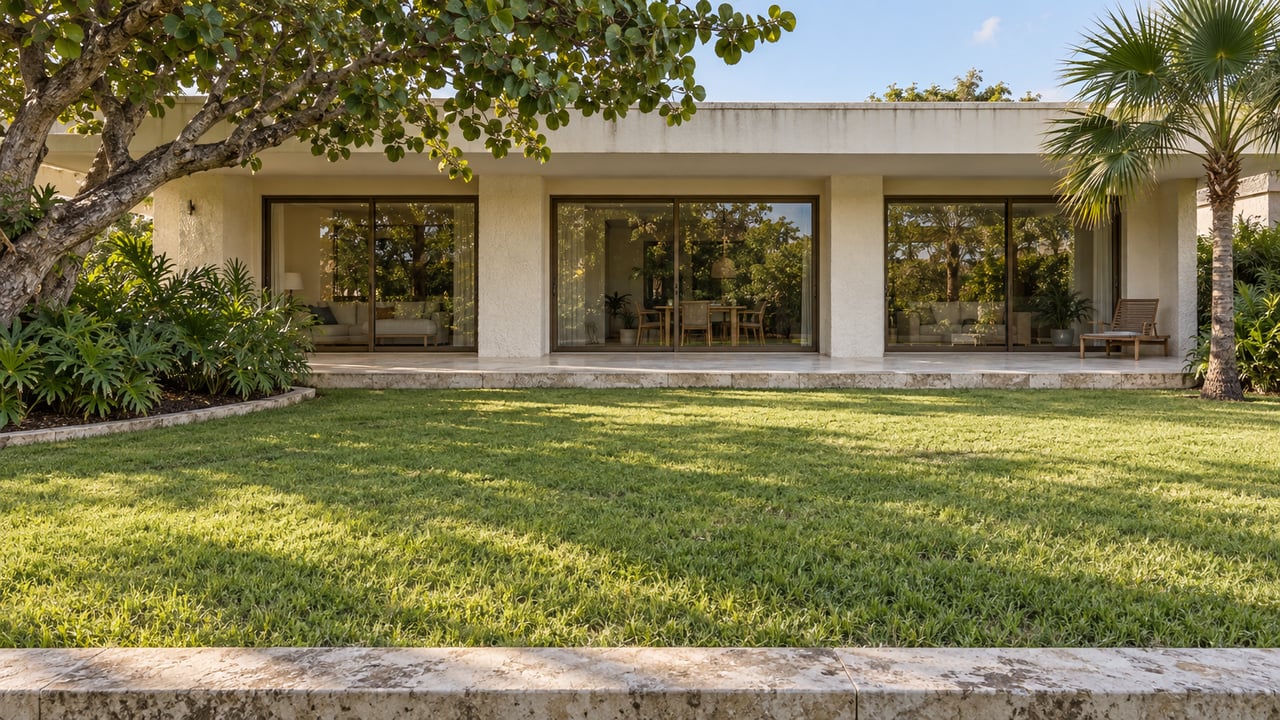Low cream-stucco house with closed bronze-framed glass doors, a limestone terrace, broad lawn, and mature tropical specimen trees.