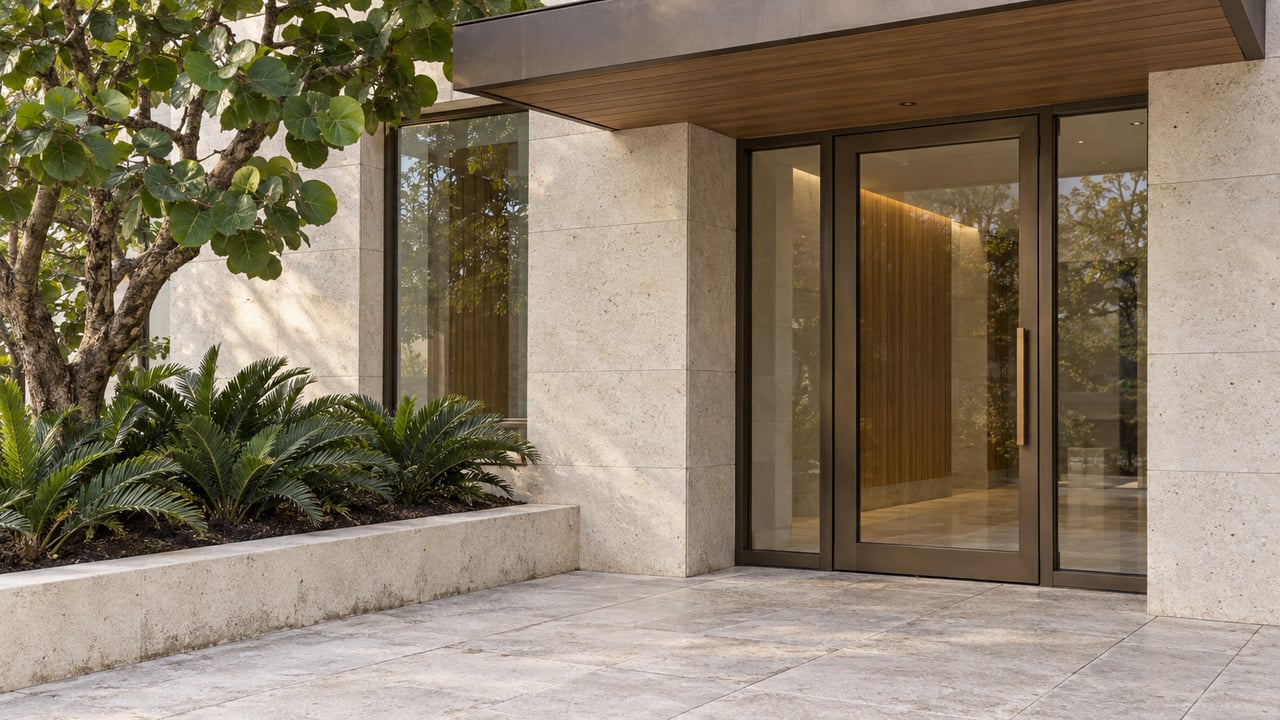 Close view of a limestone condominium entrance with bronze-framed glass, a wood-lined canopy, and a raised planting bed.