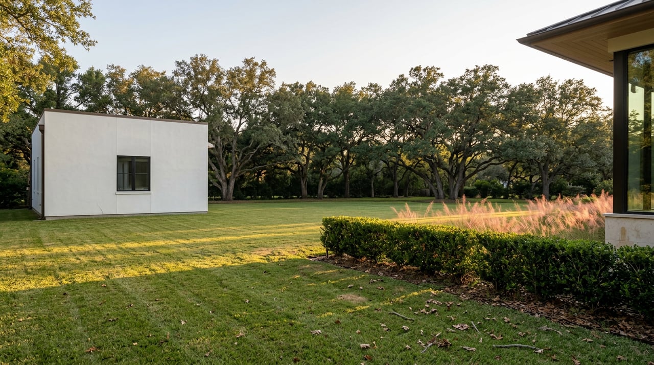 Wide lawn and clipped hedge lead to a white stucco guesthouse beneath mature oaks, with a loggia at right.