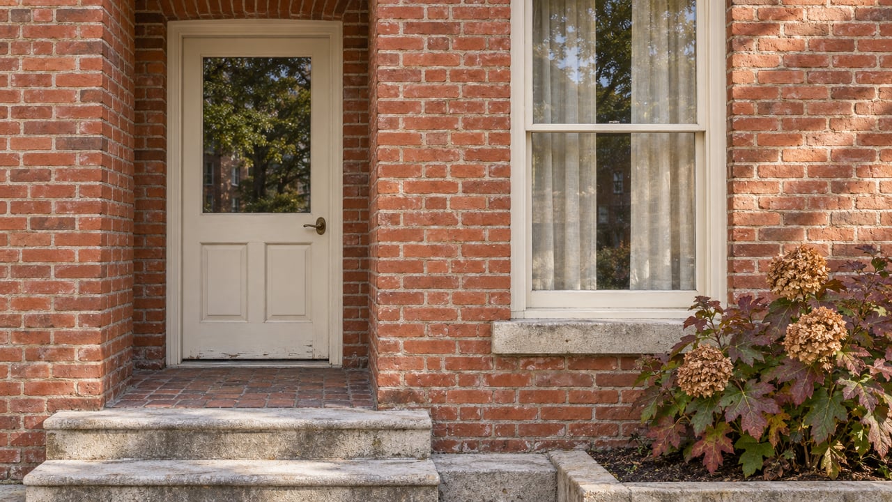Sunlit historic brick home entry with a cream timber door, sash window, worn limestone steps, and an oakleaf hydrangea.