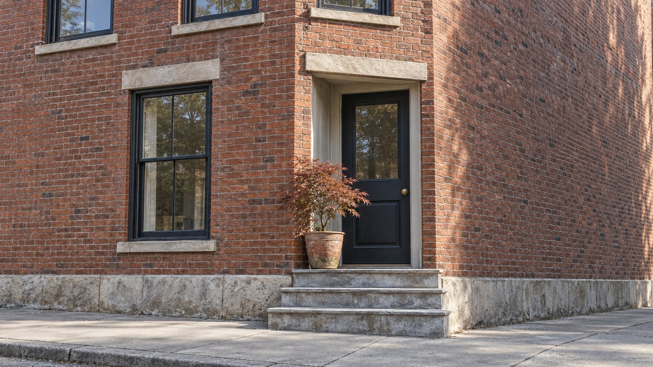 Sunlit red-brick corner home with tall black-framed windows, a navy door, worn marble entry steps and a potted copper-leaved Japanese maple.