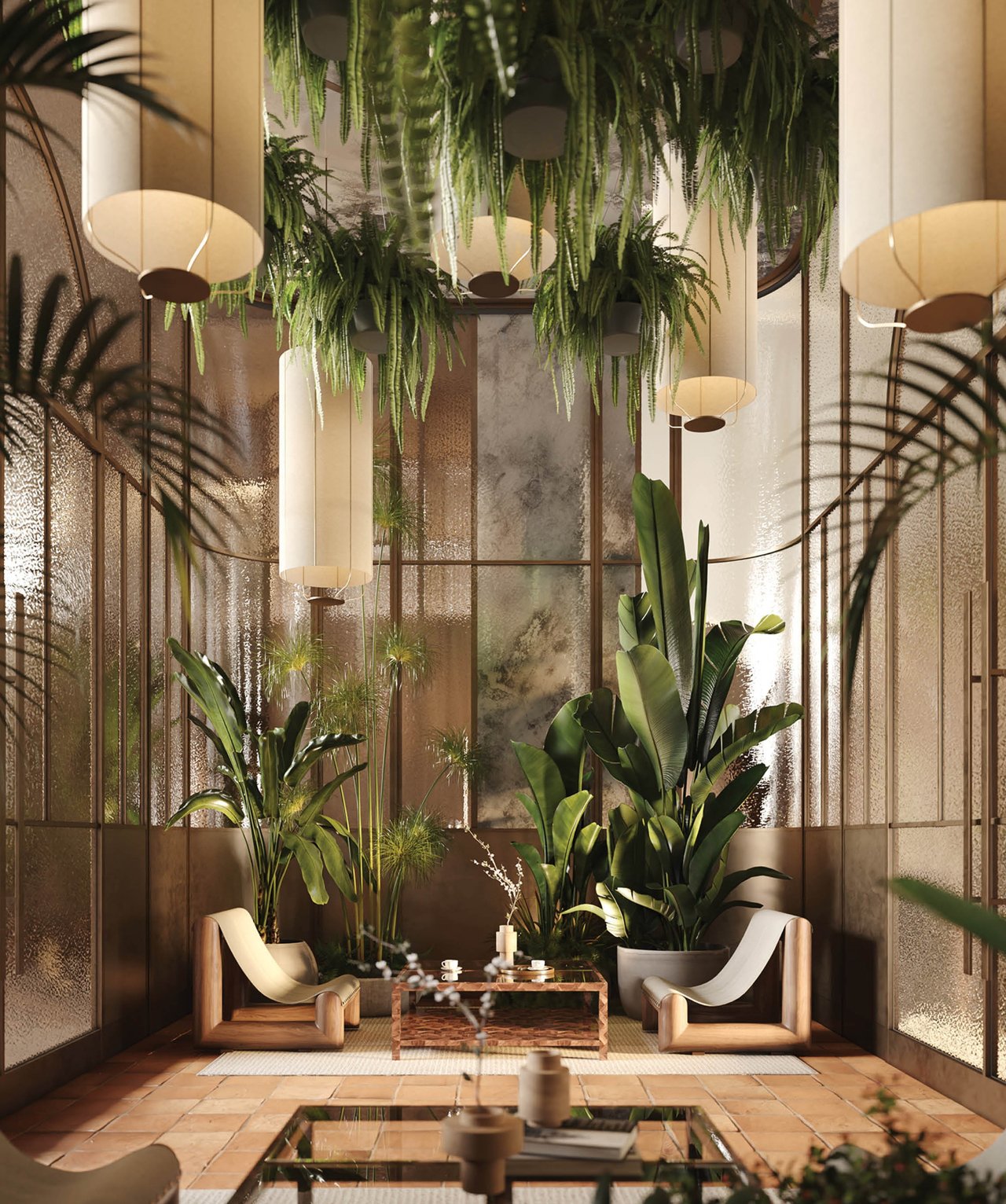 Lounge with sculptural armchairs, a marble table, terracotta tiles, and abundant tropical plants.