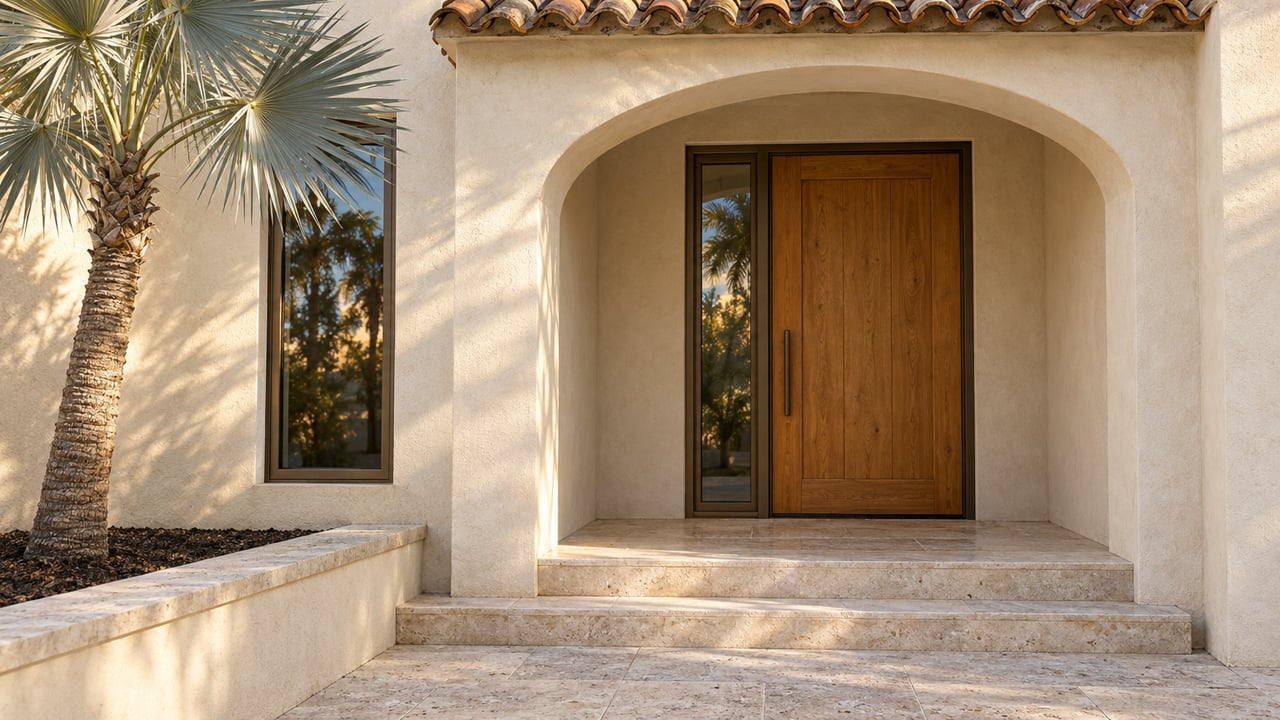 Warm ivory stucco arch framing a timber front door, with pale limestone steps, clay roof tiles, and a silver-backed fan palm.