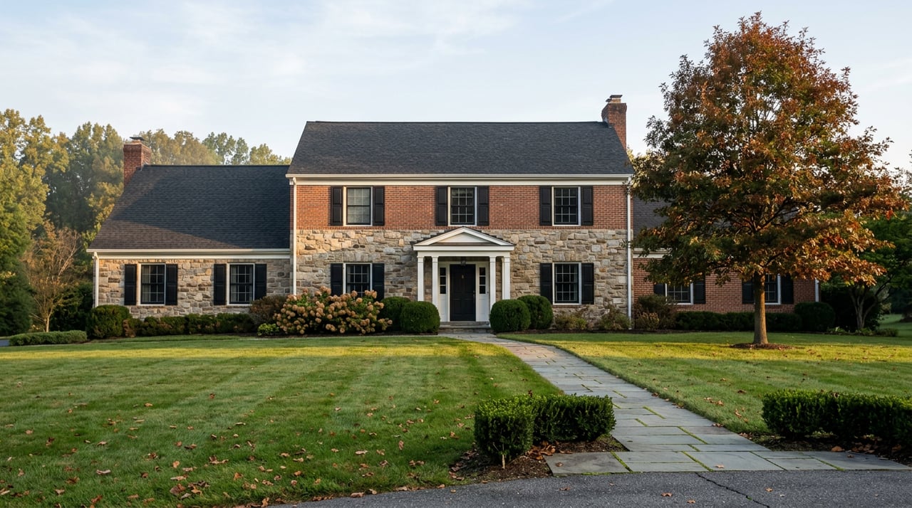 Stone-and-brick colonial with black shutters, a bluestone walkway crossing the lawn, and russet leaves on a nearby oak.