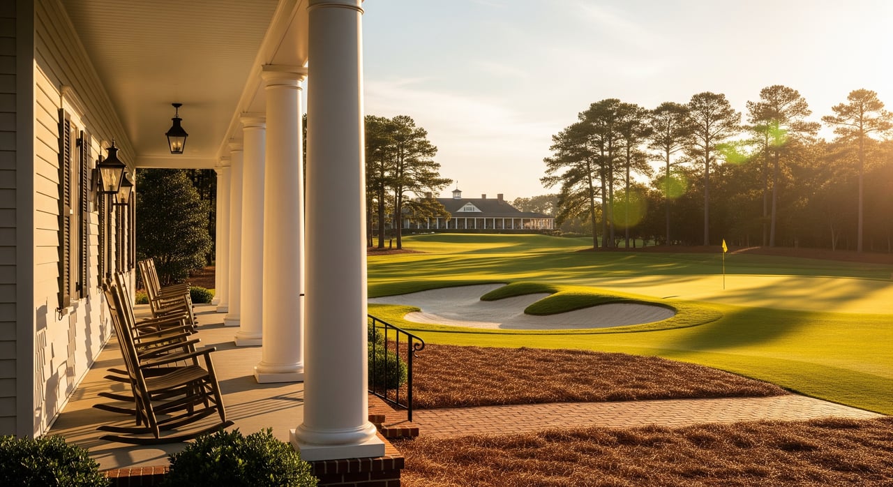 White-columned clubhouse porch overlooking a golf green and sand bunkers at sunset.