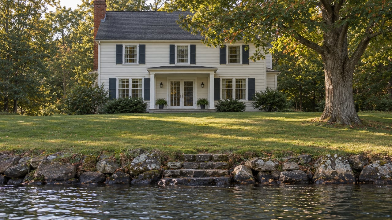 A clapboard house with dark shutters sits beyond a sloping lawn and stone shoreline beside rippled water.