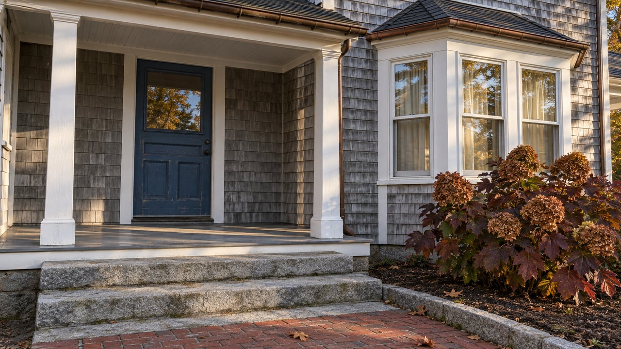 Autumn light on a blue front door, weathered cedar shingles and granite steps beside an oakleaf hydrangea.