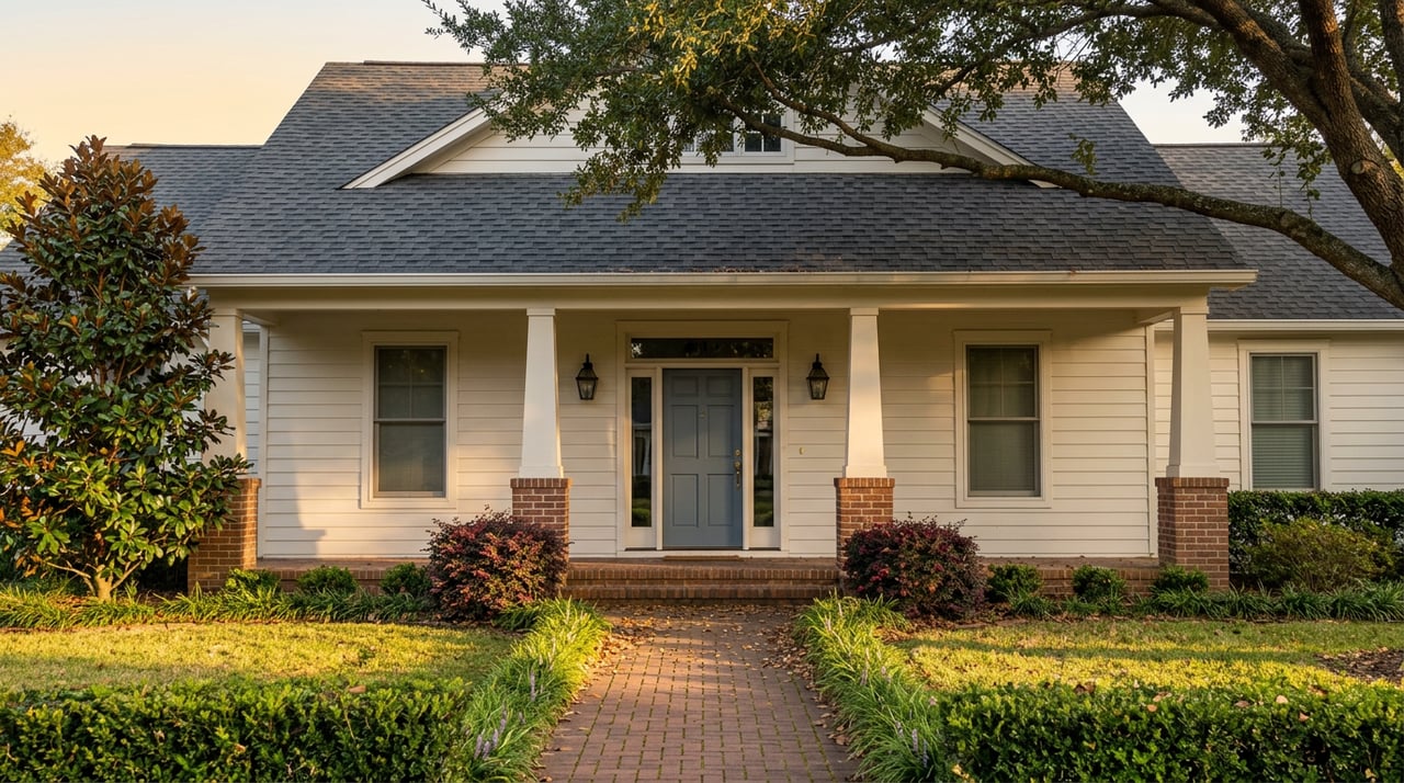 Covered porch with a slate-blue door, brick walkway, broad lawn, and mature trees framing a gabled home.